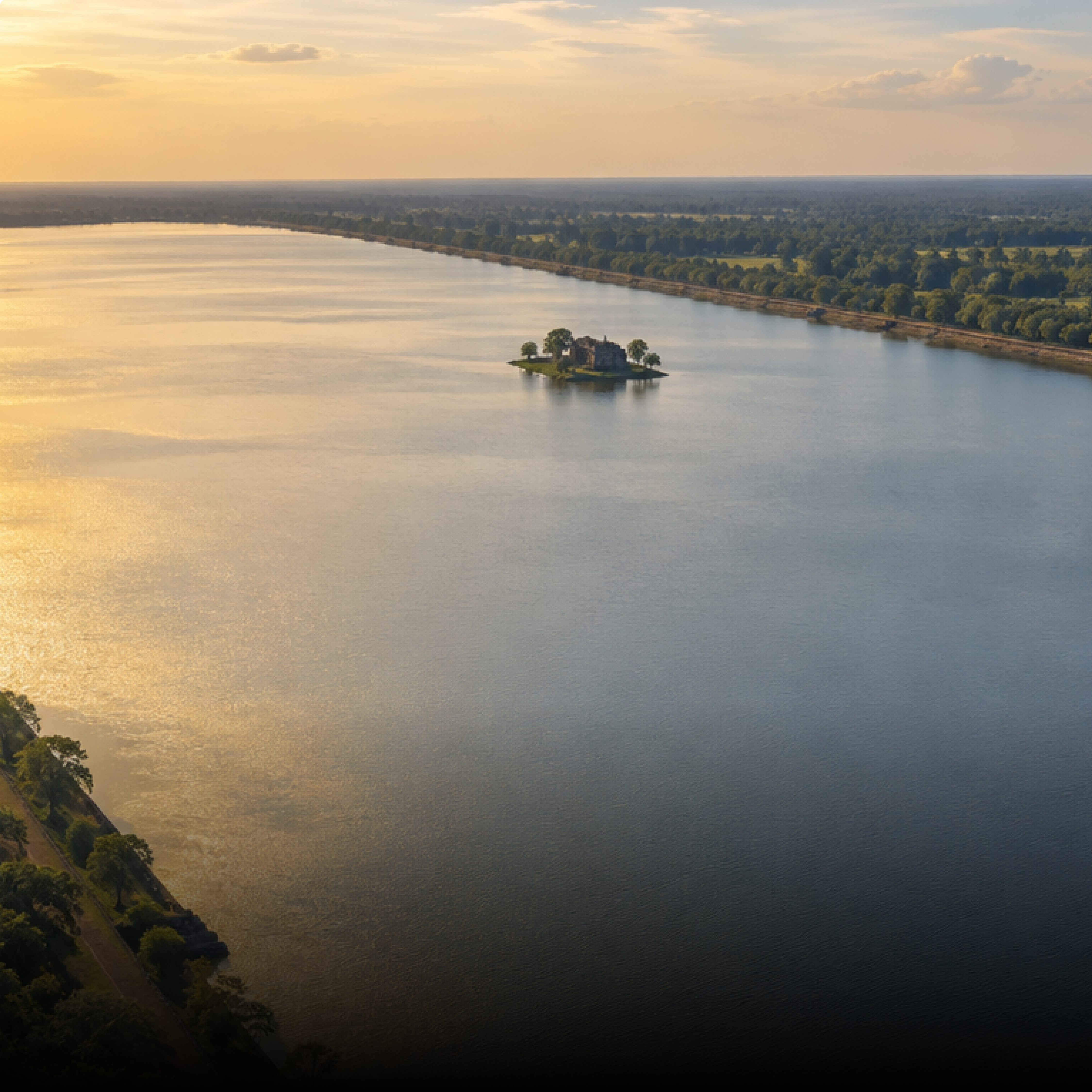 An Angkor reservoir at sunset, with a small island temple in the middle